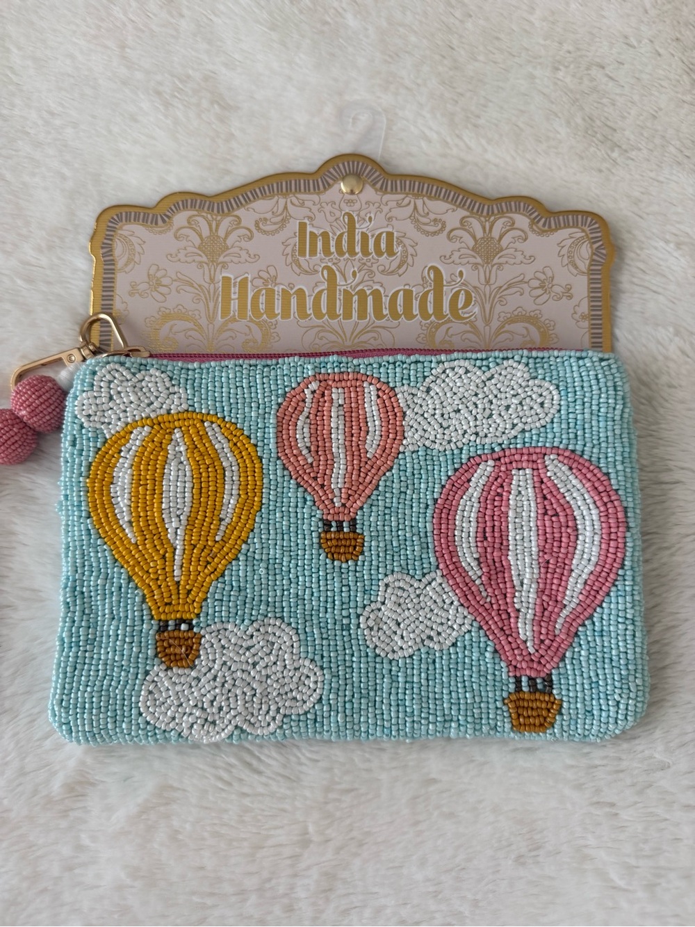 Handmade Beaded Hot Air Balloon Wristlet Clutch - Blue, Pink & Yellow